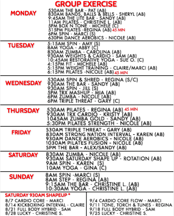 Group Exercise Schedule Toms River Fitness